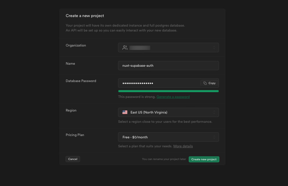 Supabase project creation form