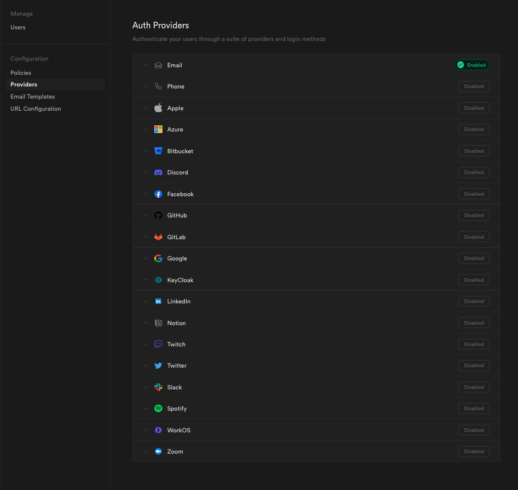 Supported authentication providers in Supabase